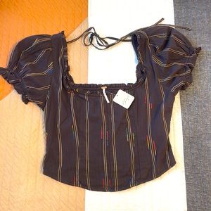 Free People small black crop top with ruched back and puff sleeve detail